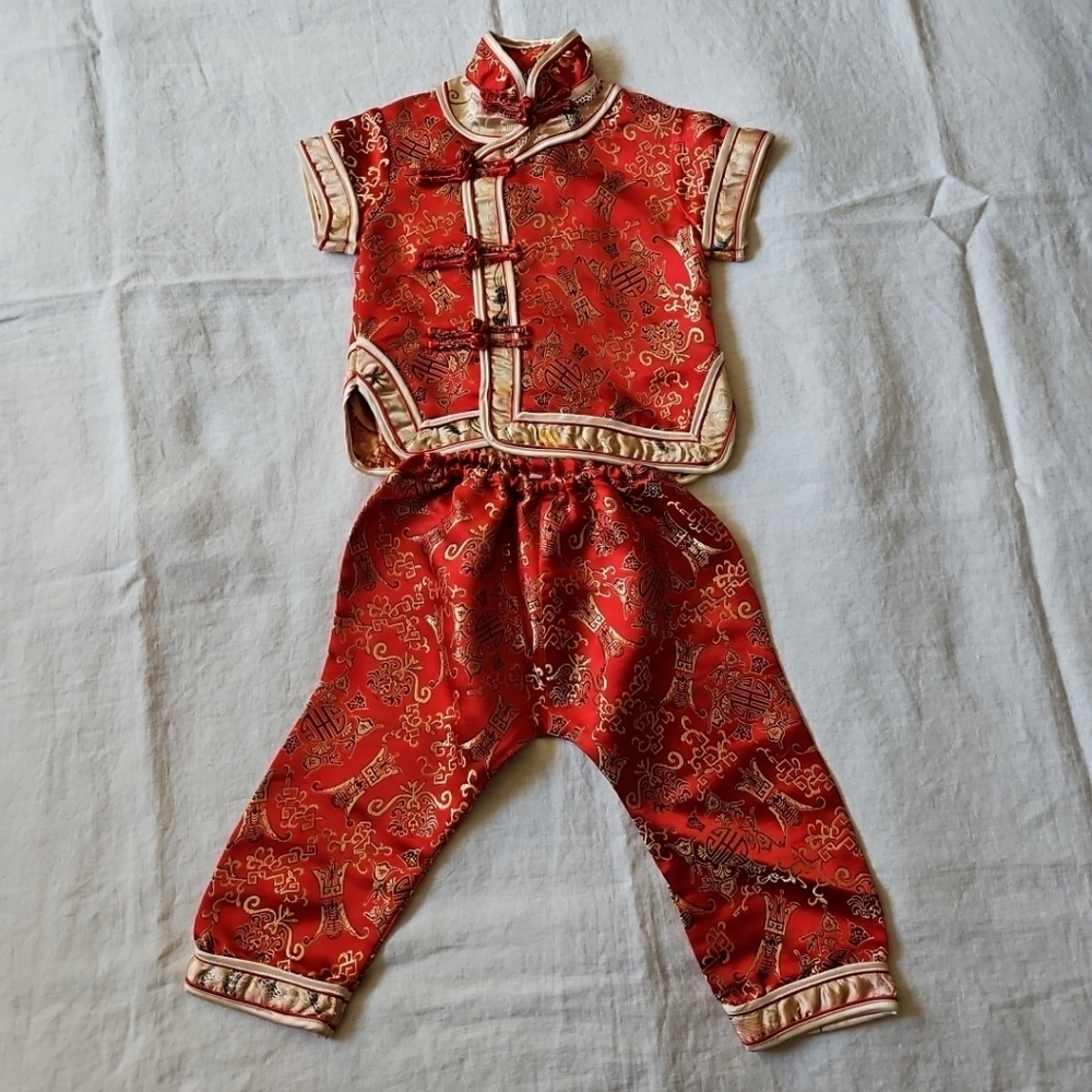 Oriental Chinese Traditional Lunar Outfit Set Toddler Girl 2T Red Gold High Neck